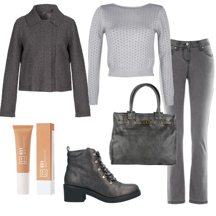 Outfit donna - In giro. Stile Urban per Tutti i giorni. Abbinamento con jeans slim fit, cappotti, stivaletti, pullovers, borse a mano, fondotinta.