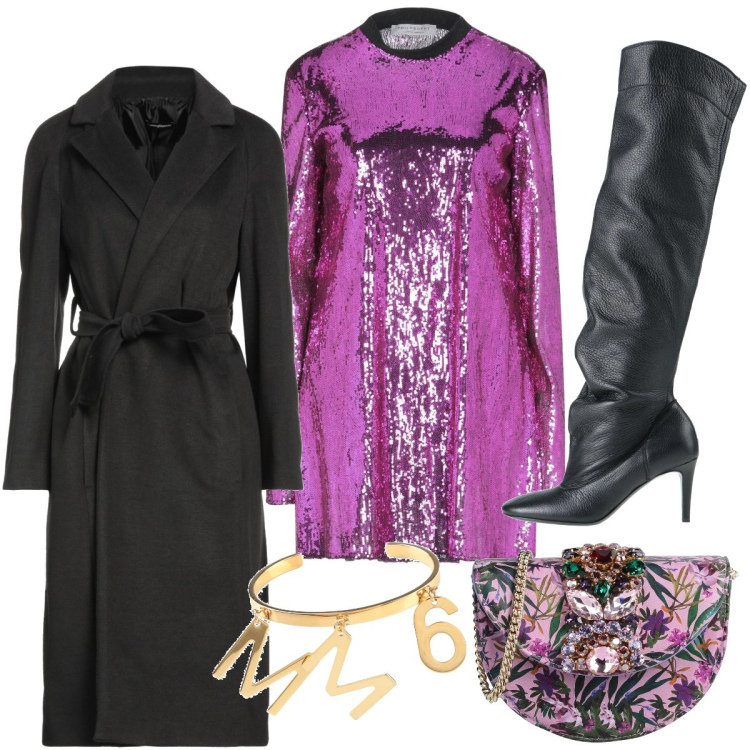 Outfit donna - Fucsia a capodanno. Stile Glamour per Serata fuori. Abbinamento con cappotti, vestiti corti, stivali, borse a tracolla, braccialetti.