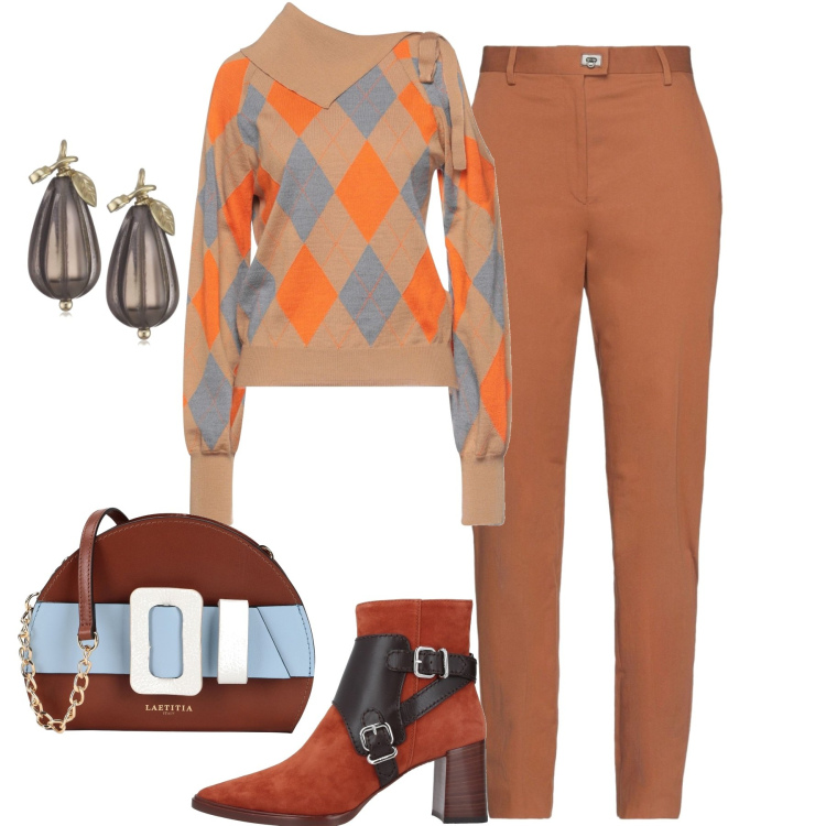 Outfit donna - In città. Stile Casual chic per Tutti i giorni. Abbinamento con stivaletti, maglieria, pantaloni, borse a tracolla, orecchini.