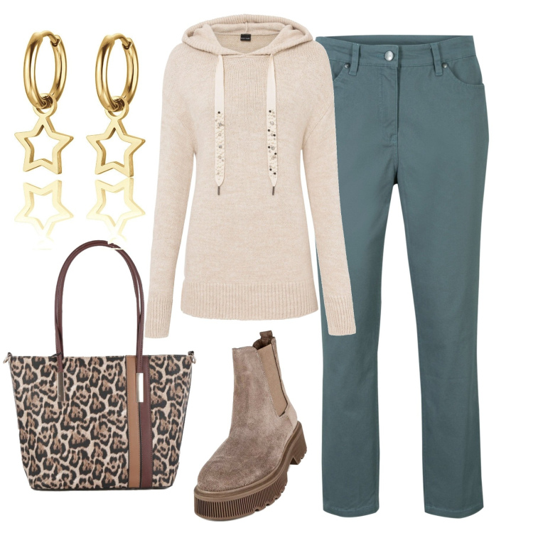Outfit donna - In città. Stile Casual chic per Tutti i giorni. Abbinamento con pantaloni, pantalone, stivaletti, borse a spalla, orecchini.
