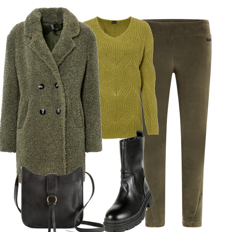 Outfit donna - In verde. Stile Casual chic per Tutti i giorni. Abbinamento con borse a tracolla, cappotti, maglieria, stivaletti, pantaloni.