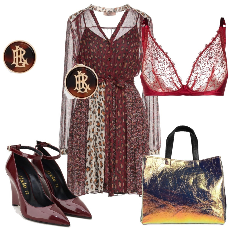 Outfit donna - Capodanno super trendy. Stile Trendy per Serata fuori. Abbinamento con vestiti corti, borse a mano, reggiseni, décolleté, orecchini.