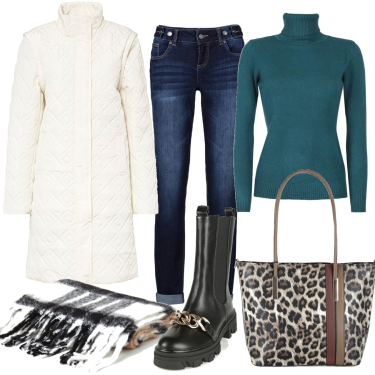 Outfit donna - Total look #1492882. Stile Casual Abbinamento con jeans boyfriend, piumini, stivaletti, borse a spalla, maglieria, sciarpe.