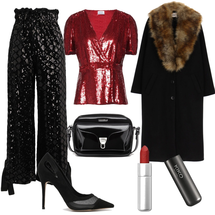 Outfit donna - Brillare a Capodanno. Stile Glamour per Serata fuori. Abbinamento con pantaloni, bluse, borse a tracolla, décolleté, cappotti, rossetti.