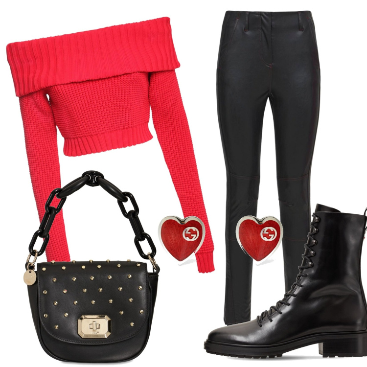 Outfit donna - Chic #19610. Stile Chic per Serata fuori. Abbinamento con top, orecchini, stivaletti, pantaloni, borse a spalla.