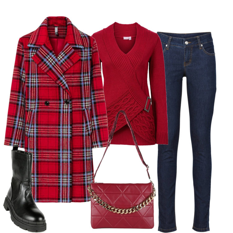 Outfit donna - In città. Stile Casual chic per Tutti i giorni. Abbinamento con jeans skinny, cappotti, maglieria, stivaletti, pochette.