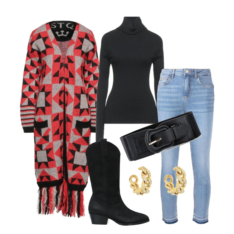 Outfit donna - Ghost outfitter - tombolata tra amici. Stile Casual per Tutti i giorni. Abbinamento con cinture, cardigans, maglieria, stivali, orecchini, jeans skinny.