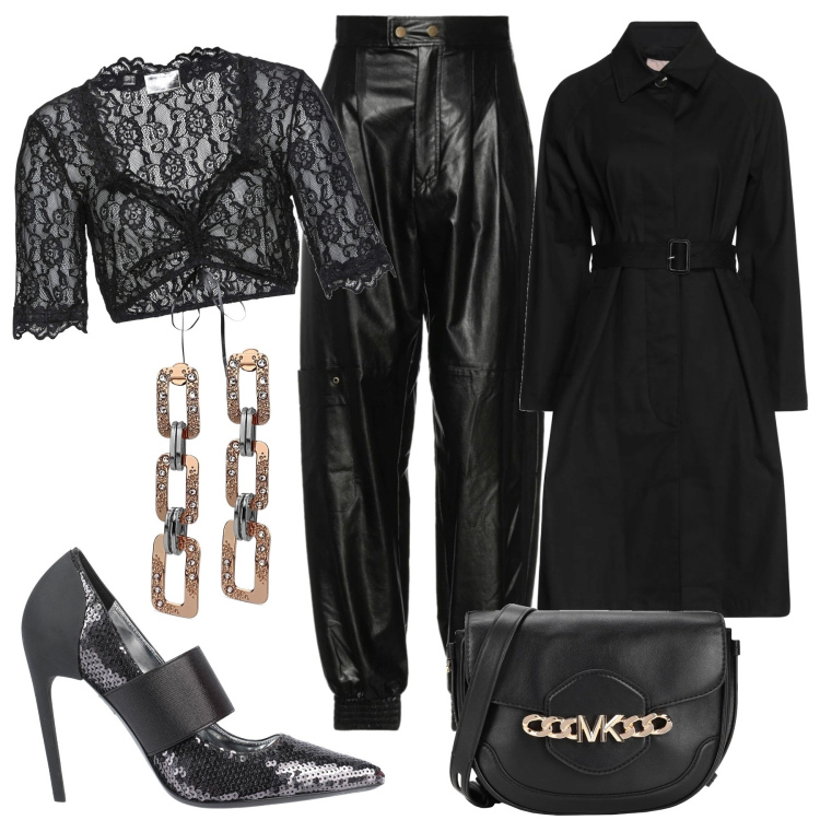 Outfit donna - Sexy rock. Stile Rock per Serata fuori. Abbinamento con pantaloni, cappotti, décolleté, borse a tracolla, camicie, orecchini.
