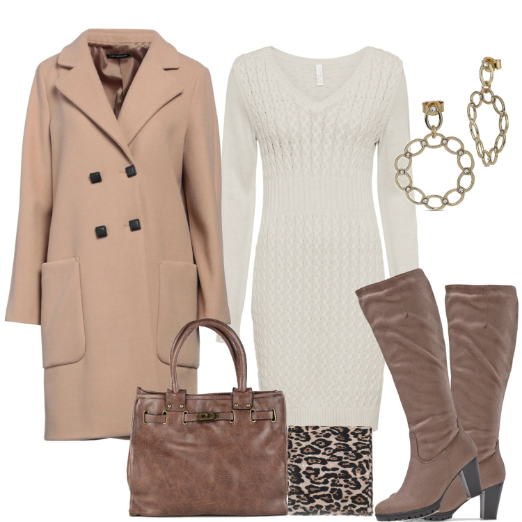 Outfit donna - In città. Stile Casual chic per Tutti i giorni. Abbinamento con vestiti, stivali, cappotti, borse a mano, foulard, orecchini.