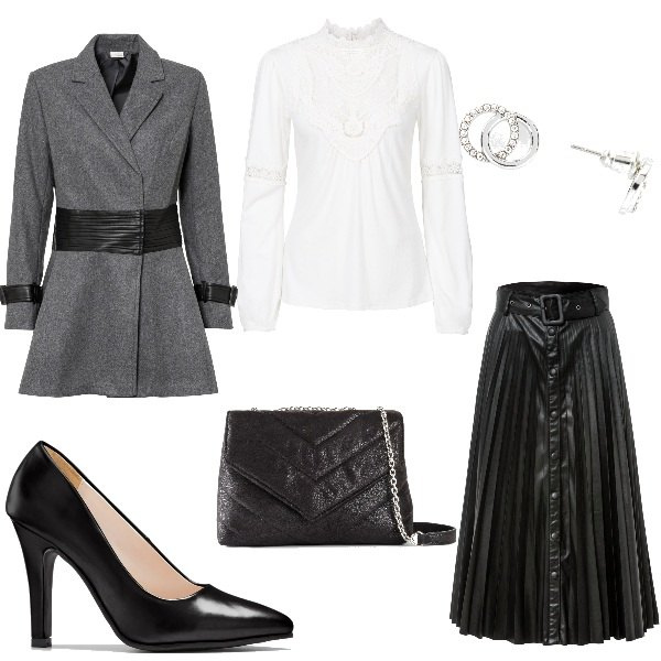 Outfit donna - BonPrix per Natale. Stile Chic per Serata fuori. Abbinamento con gonne, cappotti, maglieria, décolleté, borse a mano, orecchini.