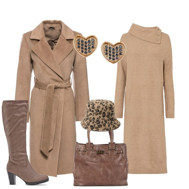 Outfit donna - In città. Stile Casual chic per Tutti i giorni. Abbinamento con vestiti chemisier, cappotti, stivali, borse a mano, cappelli, orecchini.