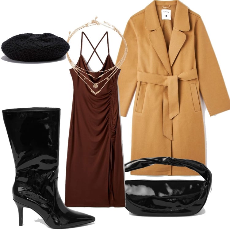 Outfit donna - Natale terranova. Stile Chic per Serata fuori. Abbinamento con cappotti, vestiti midi/longuette, cappelli con visiera, pochette, stivali, collane.