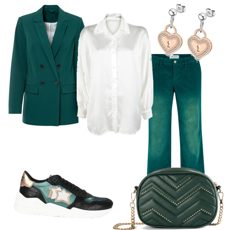 Outfit donna - Jeans verde elegante ma non troppo. Stile Trendy per Tutti i giorni. Abbinamento con pantaloni, blazer, borse a tracolla, sneakers, camicie, orecchini.