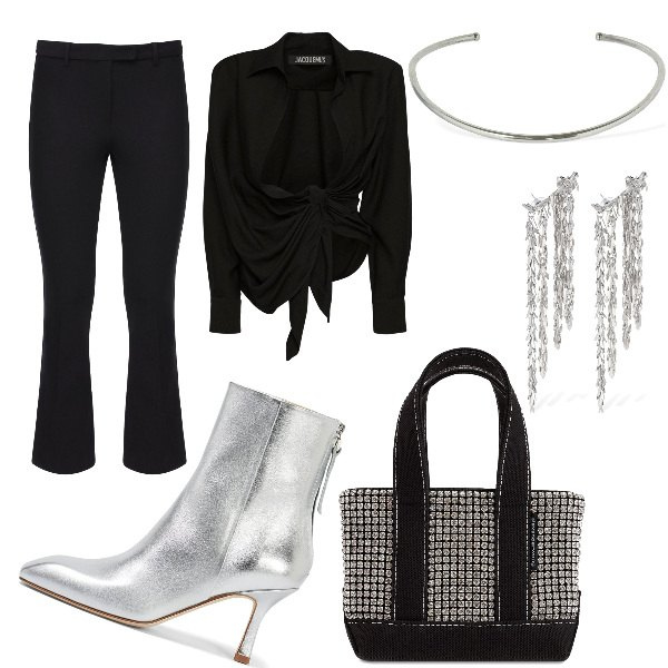 Outfit donna - Silver and Black. Stile Casual chic per Serata fuori. Abbinamento con camicie, pantaloni, collane, stivaletti, shopping bag, orecchini.