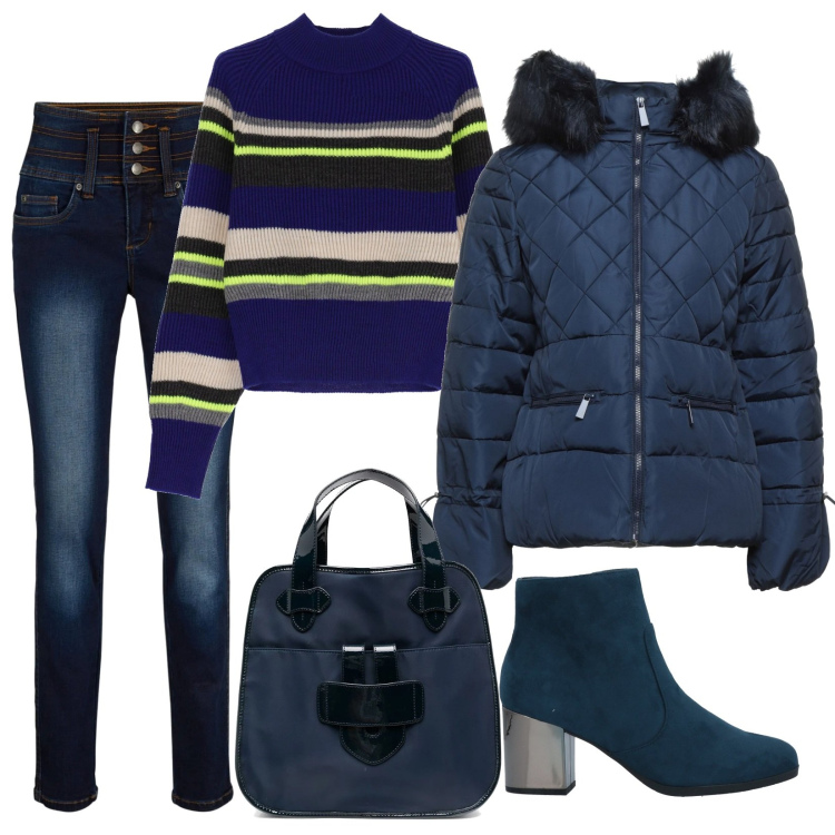 Outfit donna - Un piumino alla moda. Stile Chic per Tutti i giorni. Abbinamento con stivaletti, piumini, jeans, borse tote, pullovers.