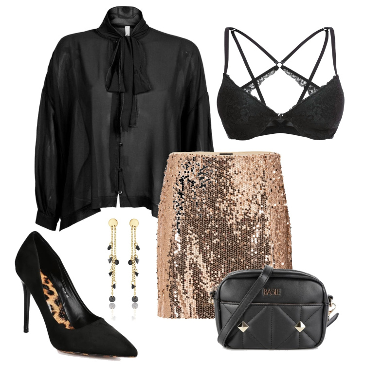 Outfit donna - Sparkling in oro. Stile Glamour per Serata fuori. Abbinamento con reggiseni, minigonne, camicie, borse a mano, décolleté, orecchini.