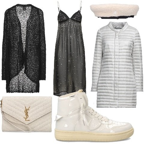 Outfit donna - Phlippe Model - Christmas Edition 2022. Stile Chic per Serata fuori. Abbinamento con cardigans, piumini, sneakers alte, pochette, vestiti, cappelli.