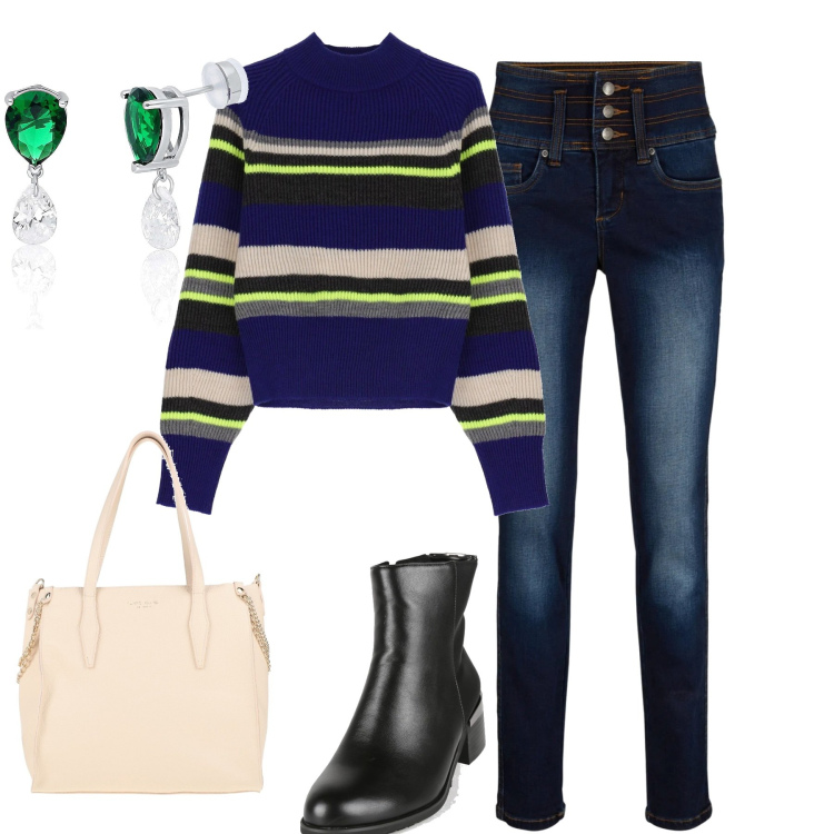 Outfit donna - Jesns e pull. Stile Casual per Tutti i giorni. Abbinamento con borse a mano, jeans, stivaletti, orecchini, pullovers.