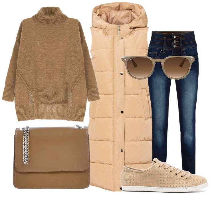 Outfit donna - Casual #22141. Stile Casual per Tutti i giorni. Abbinamento con borse a tracolla, jeans, piumini, maglieria, sneakers, occhiali da sole.