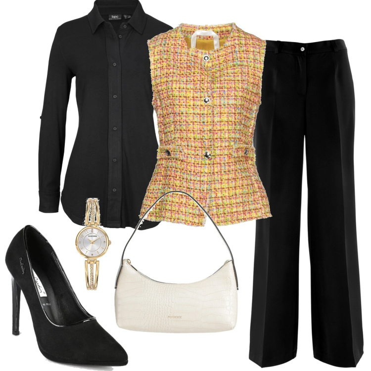 Outfit donna - Chic #19710. Stile Chic per Ufficio. Abbinamento con camicie, pantaloni, blazer, borse a mano, décolleté, orologi analogici.