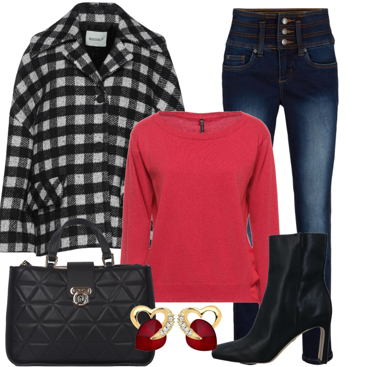 Outfit donna - Il cappotto a quadri. Stile Casual chic per Tutti i giorni. Abbinamento con pullovers, stivaletti, cappotti, jeans, borse a cartella, orecchini.