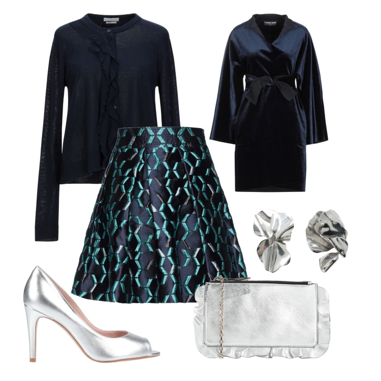 Outfit donna - Cena di Natale con l’ufficio. Stile Chic per Serata fuori. Abbinamento con minigonne, cappotti, cardigans, sandali in pelle, orecchini, borse a tracolla.
