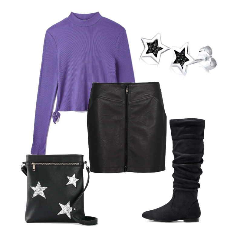 Outfit donna - Le stelline portafortuna. Stile Casual chic per Serata fuori. Abbinamento con stivali, minigonne, borse a tracolla, t-shirt, orecchini.