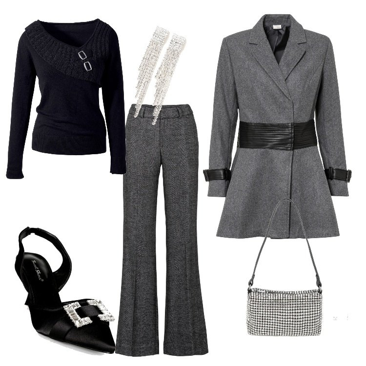 Outfit donna - Un tocco glam sul grigio. Stile Casual chic per Serata fuori. Abbinamento con maglieria, pantaloni a palazzo, cappotti, borse a spalla, décolleté, orecchini.