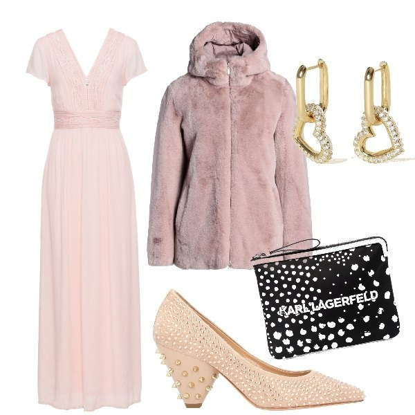 Outfit donna - 31 dicembre in lungo curvy. Stile Romantica per Serata fuori. Abbinamento con vestiti lunghi, cappotti, décolleté, orecchini, clutch.