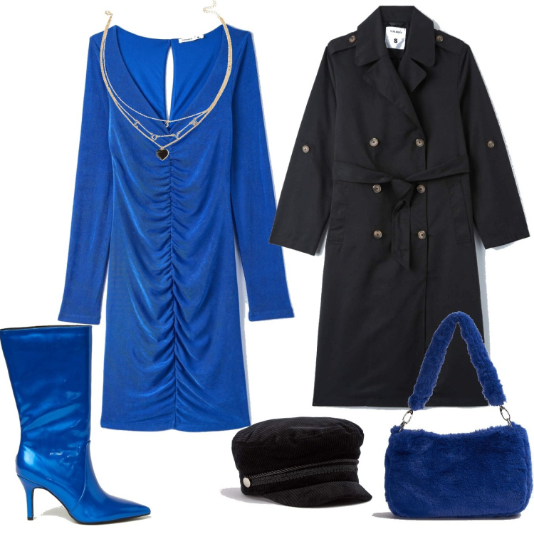 Outfit donna - Capodanno frizzante Terranova. Stile Trendy per Serata fuori. Abbinamento con vestiti, borse a spalla, cappelli con visiera, trench, stivali, ciondoli.