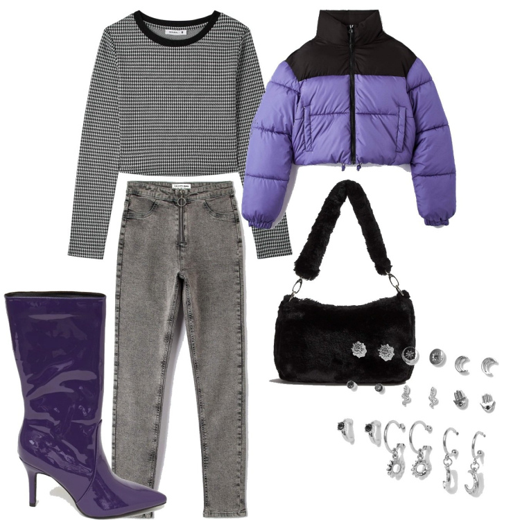 Outfit donna - Trendy Terranova. Stile Trendy per Serata fuori. Abbinamento con jeggings, piumini, borse a spalla, t-shirt, stivali, orecchini.