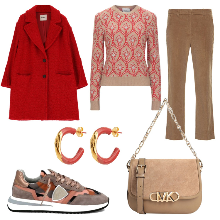 Outfit donna - Beige e rosso per Natale. Stile Casual chic per Tutti i giorni. Abbinamento con pullovers, borse a mano, orecchini, sneakers, cappotti, pantaloni.