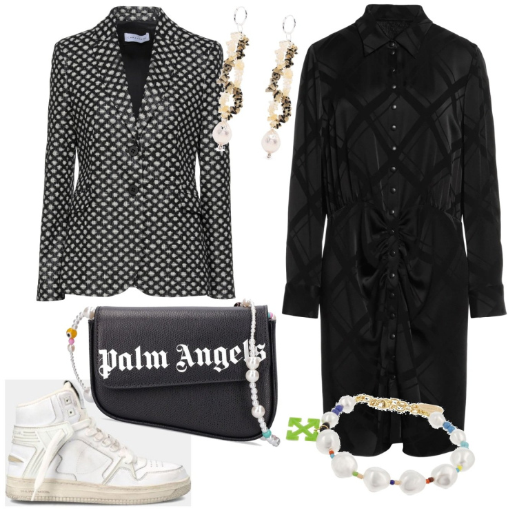 Outfit donna - Philippe model. Stile Trendy per Serata fuori. Abbinamento con blazer, vestiti chemisier, sneakers, orecchini, borse a spalla, braccialetti.