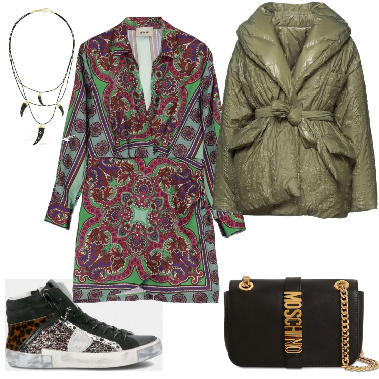 Outfit donna - Philippe Model. Stile Trendy per Serata fuori. Abbinamento con piumini, sneakers alte, vestiti chemisier, borse a spalla, collane.
