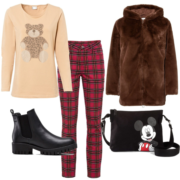 Outfit donna - Bon prix. Stile Casual per Serata fuori. Abbinamento con stivaletti chelsea, ecopellicce, pantaloni, maglieria, borse a tracolla.