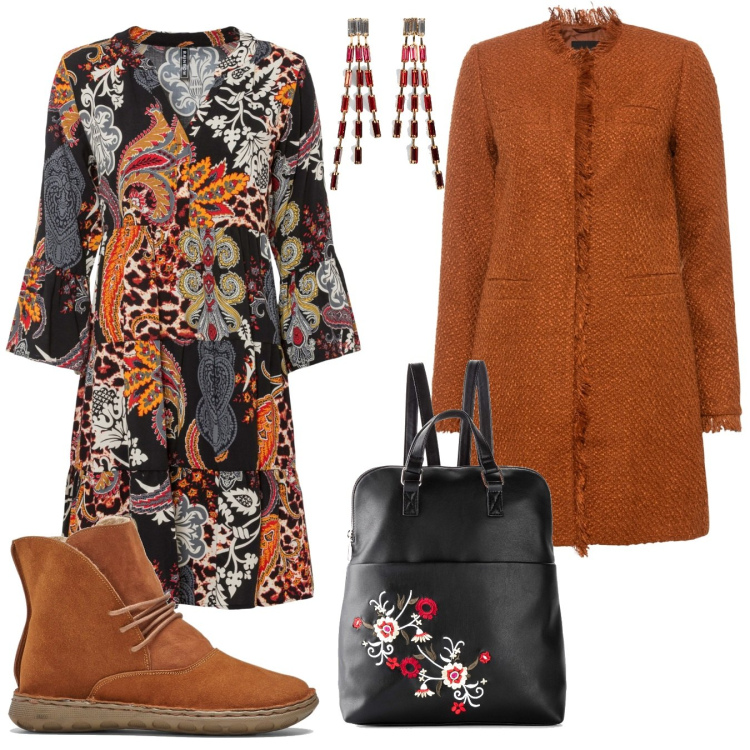 Outfit donna - Natale bon prix. Stile Etnico per Serata fuori. Abbinamento con orecchini, trench, vestiti, stivaletti, zaini.