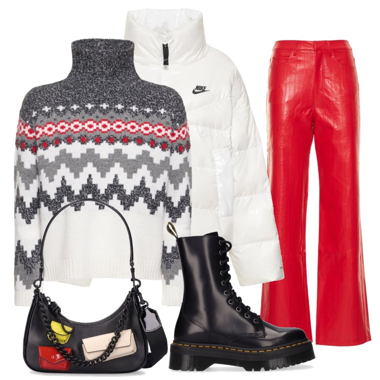 Outfit donna - Tasche natalizie. Stile Casual per Tutti i giorni. Abbinamento con maglieria, pantaloni, stivali, piumini, borse a spalla.