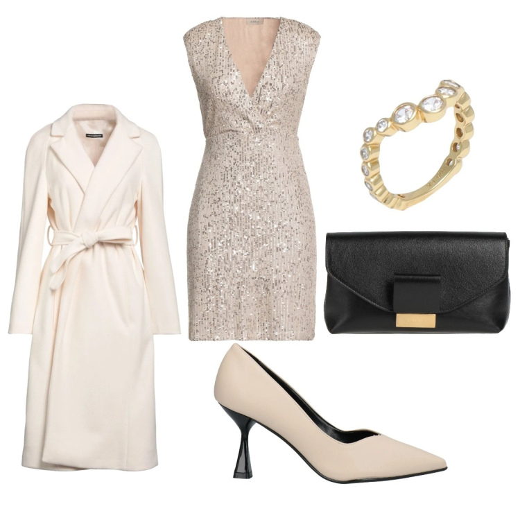 Outfit donna - Yoox Christmas 2022. Stile Chic per Serata fuori. Abbinamento con vestiti corti, cappotti, décolleté, anelli, borse a mano.