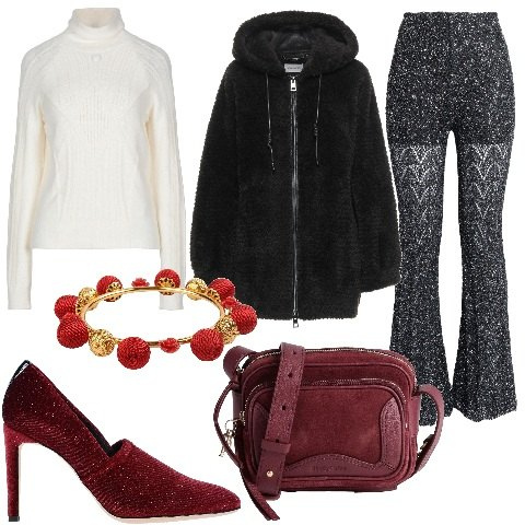 Outfit donna - YOOX Christmas Edition - 2022. Stile Glamour per Tutti i giorni. Abbinamento con cappotti, leggings, maglieria, borse a tracolla, décolleté, braccialetti.