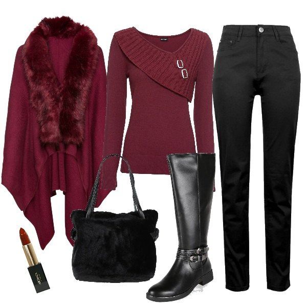 Outfit donna - Bordeaux d\'inverno. Stile Casual chic per Serata fuori. Abbinamento con maglieria, cappotti, borse a mano, pantaloni, stivali, rossetti.