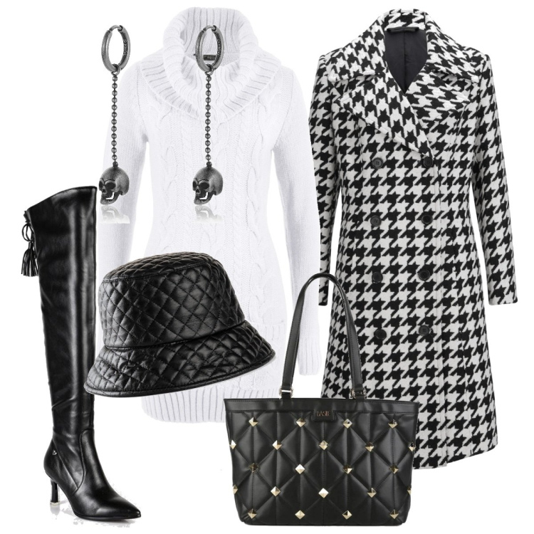 Outfit donna - Chic e attuale. Stile Chic per Tutti i giorni. Abbinamento con cappelli con visiera, vestiti, cappotti, stivali sopra il ginocchio, borse a spalla, orecchini.