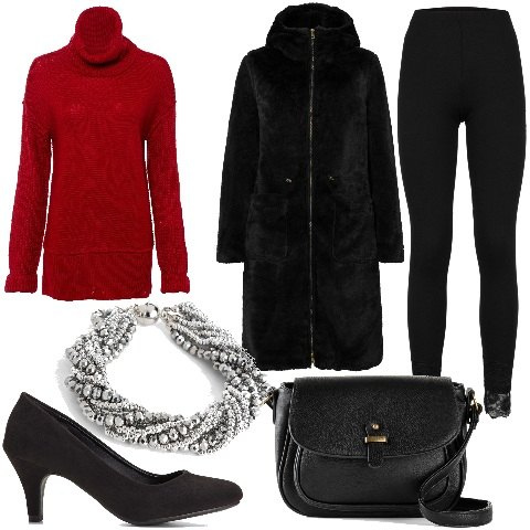 Outfit donna - BonPrix - Christmas Edition 2022. Stile Glamour per Tutti i giorni. Abbinamento con décolleté, maglieria, ecopellicce, leggings, braccialetti, borse a tracolla.