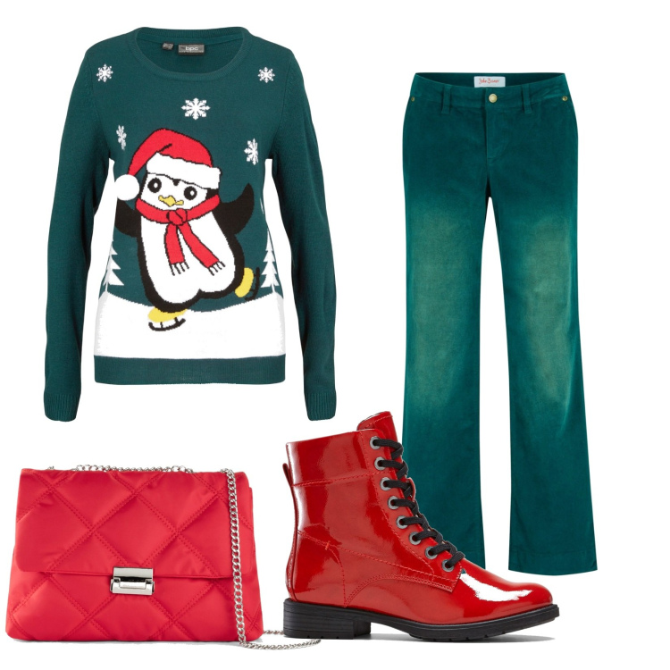 Outfit donna - Il mio Natale. Stile Casual per Tutti i giorni. Abbinamento con pantaloni, maglieria, stivaletti, borse a tracolla.