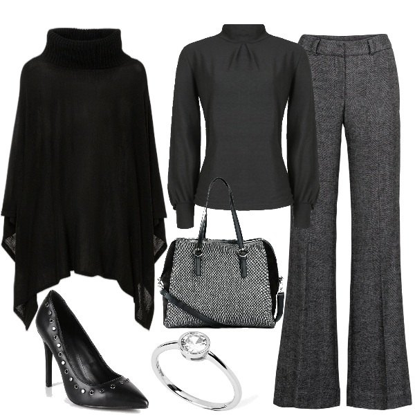 Outfit donna - Sempre elegante. Stile Chic per Serata fuori. Abbinamento con pantaloni a palazzo, borse a mano, cappotti, maglieria, décolleté, anelli.