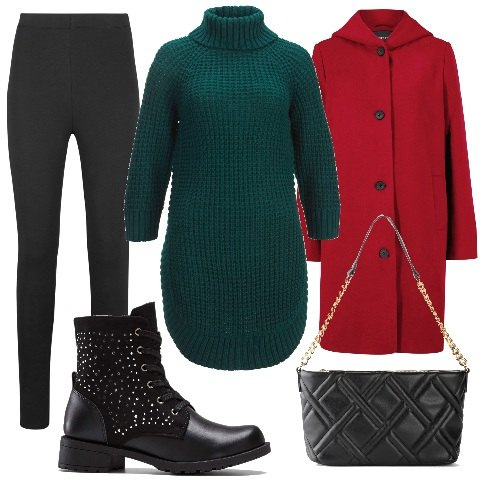 Outfit donna - BonPrix - Christmas Edition 2022. Stile Glamour per Tutti i giorni. Abbinamento con leggings, maglieria, cappotti, borse a mano, stivaletti.