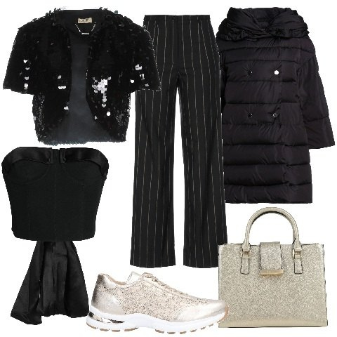 Outfit donna - YOOX Christmas Edition - 2022. Stile Glamour per Tutti i giorni. Abbinamento con piumini, pantaloni, blazer, top, borse a mano, sneakers.