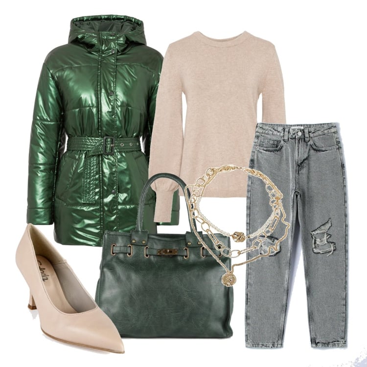 Outfit donna - Ghost outfitter - piumino trendy. Stile Trendy per Tutti i giorni. Abbinamento con maglieria, giacche, décolleté, borse a mano, jeans mom, ciondoli.