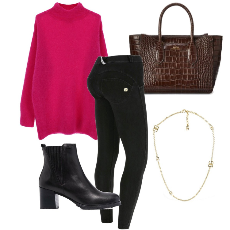 Outfit donna - In giro per gli ultimi regali. Stile Casual chic per Tutti i giorni. Abbinamento con maglieria, stivaletti, jeggings, borse a mano, collane.