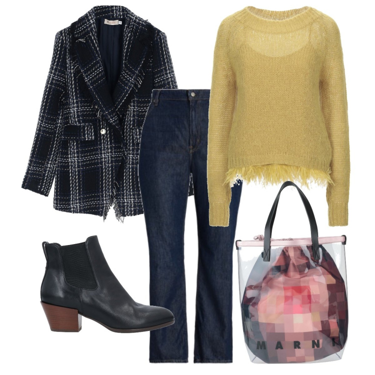 Outfit donna - Una borsa trasparente. Stile Trendy per Ufficio. Abbinamento con stivaletti, pullovers, borse a mano, giacche, jeans dritti.