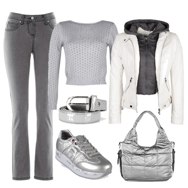 Outfit donna - Grigio argento. Stile Casual per Tutti i giorni. Abbinamento con jeans slim fit, sneakers, giacche, pullovers, borse a spalla, cinture.